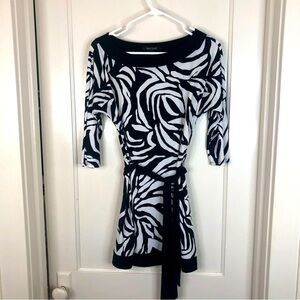 WHBM Black white zebra pattern 3/4 sleeve black trim tunic shirt dress M